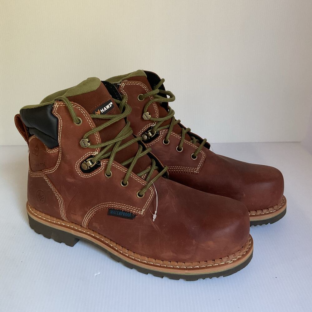 HAWX Men's Work Boots Brown Leather Waterproof Composite Toe Size 8C NWOT